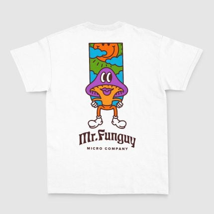 Back of a white t-shirt with the Mr. Funguy mascot hanging out of a window