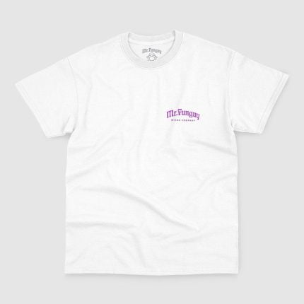 Front of a white t-shirt with a purple Mr. Funguy wordmark over the right chest