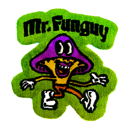 A rug of the Mr. Funguy logo logo with a lime green outline and Mr. Funguy in black above