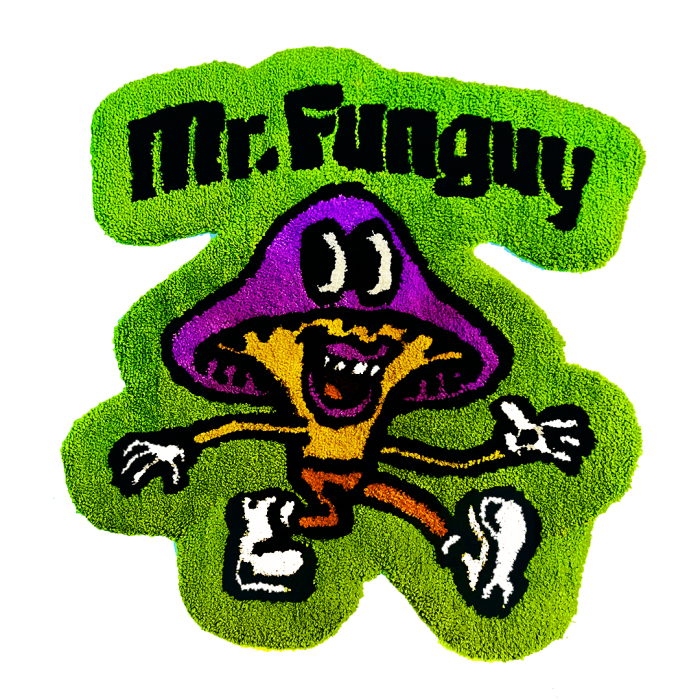 A rug of the Mr. Funguy logo logo with a lime green outline and Mr. Funguy in black above